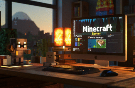 Realistic Minecraft-style 3D scene with FileZilla open on a glowing monitor transferring Minecraft server files, creeper outside window.